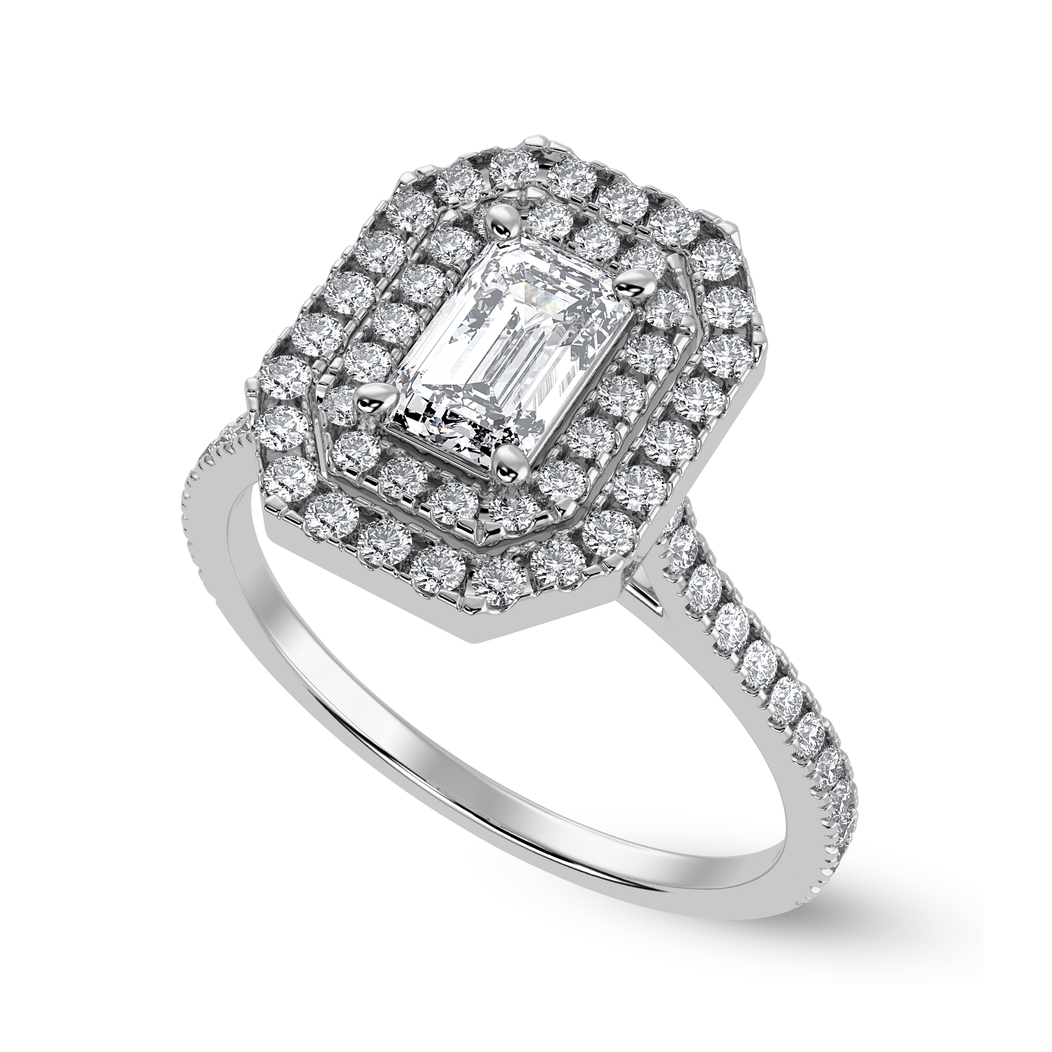 Jewelove™ Rings E VVS / Women's Band only 30-Pointer Emerald Cut Solitaire Double Halo Diamond Shank Platinum Ring JL PT 1296