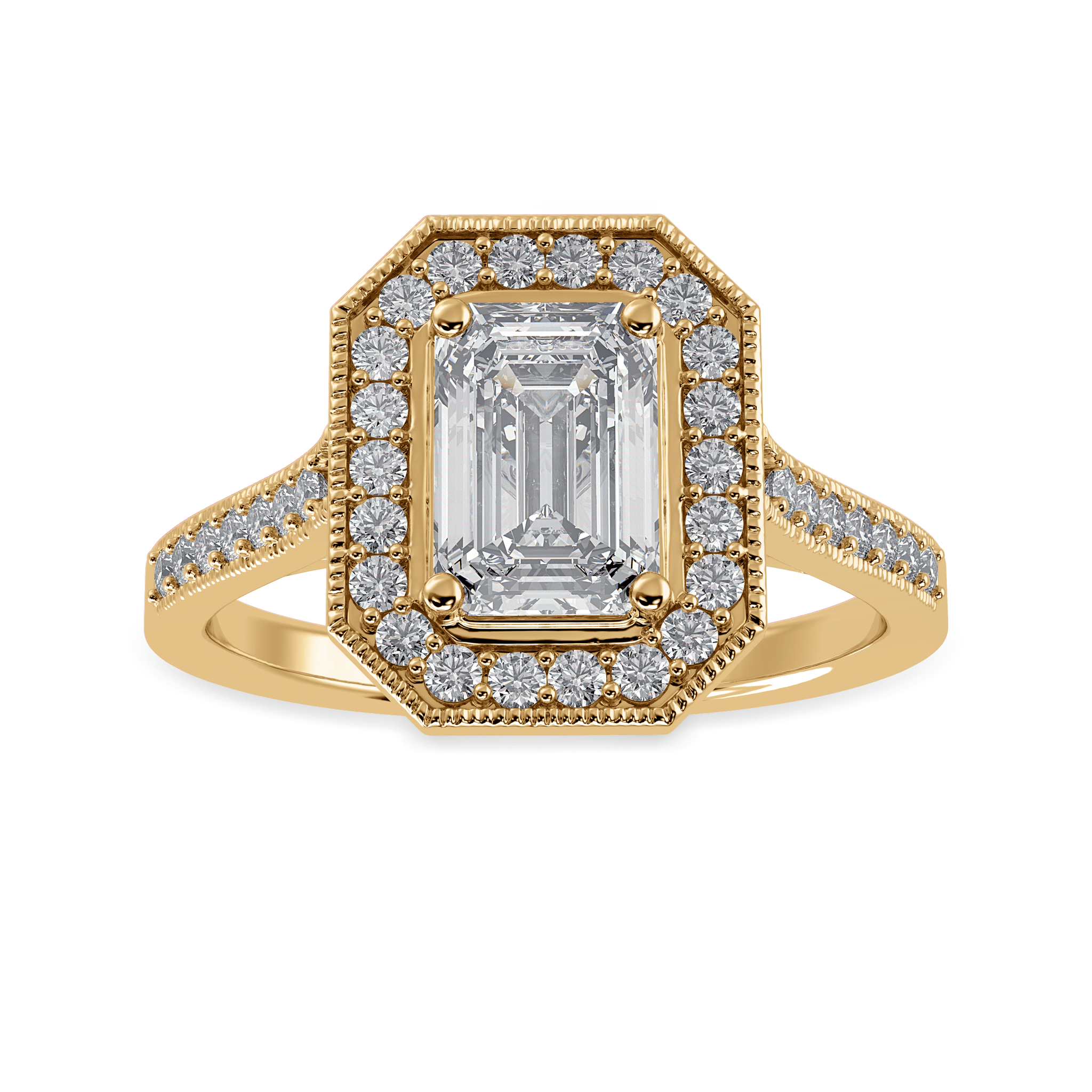 Jewelove™ Rings Women's Band only / VVS E 50-Pointer Emerald Cut Solitaire Halo Diamond Shank 18K Yellow Gold Ring JL AU 1304Y-A