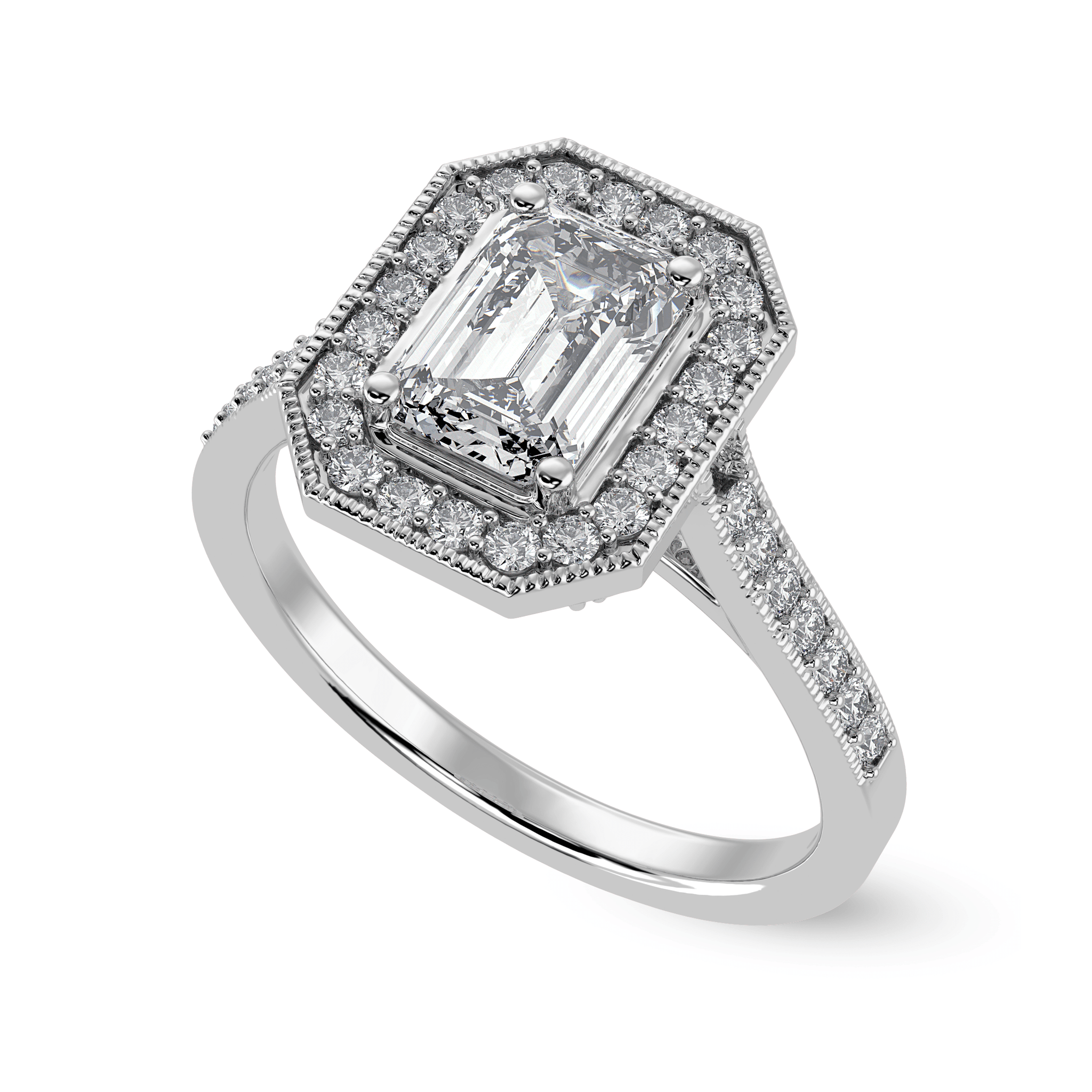 Jewelove™ Rings E VVS / Women's Band only 50-Pointer Emerald Cut Solitaire Halo Diamond Shank Platinum Ring JL PT 1304-A