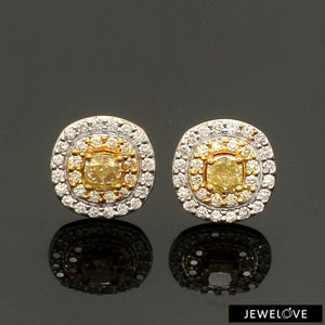 Jewelove™ Earrings 50-pointer Natural Fancy Color Yellow Diamond Cushion Shape Double Halo 18K Gold Earrings  JL AU E 340