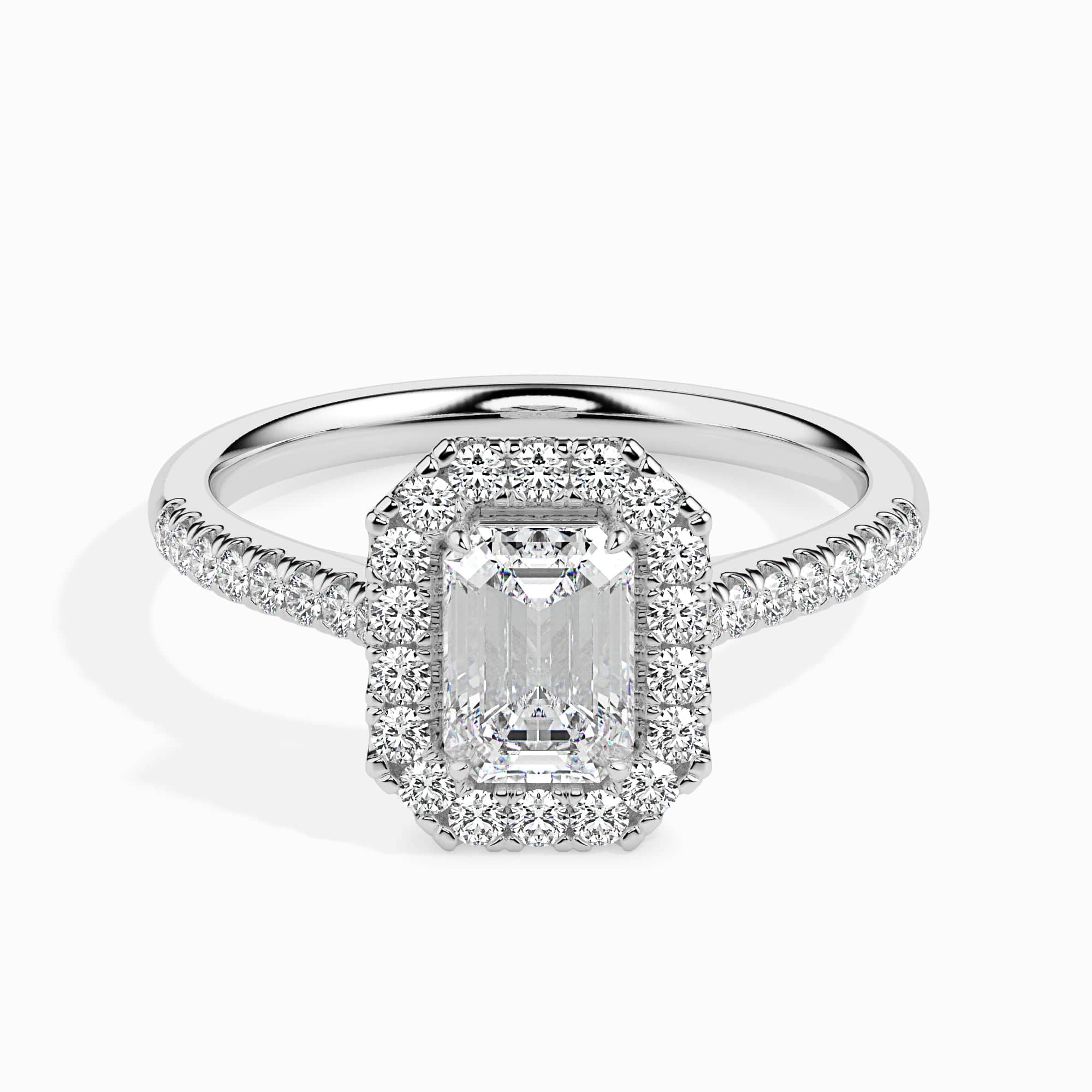 Jewelove™ Rings E VVS / Women's Band only 70-Pointer Emerald Cut Solitaire Halo Diamond Shank Platinum Ring JL PT 19035-B