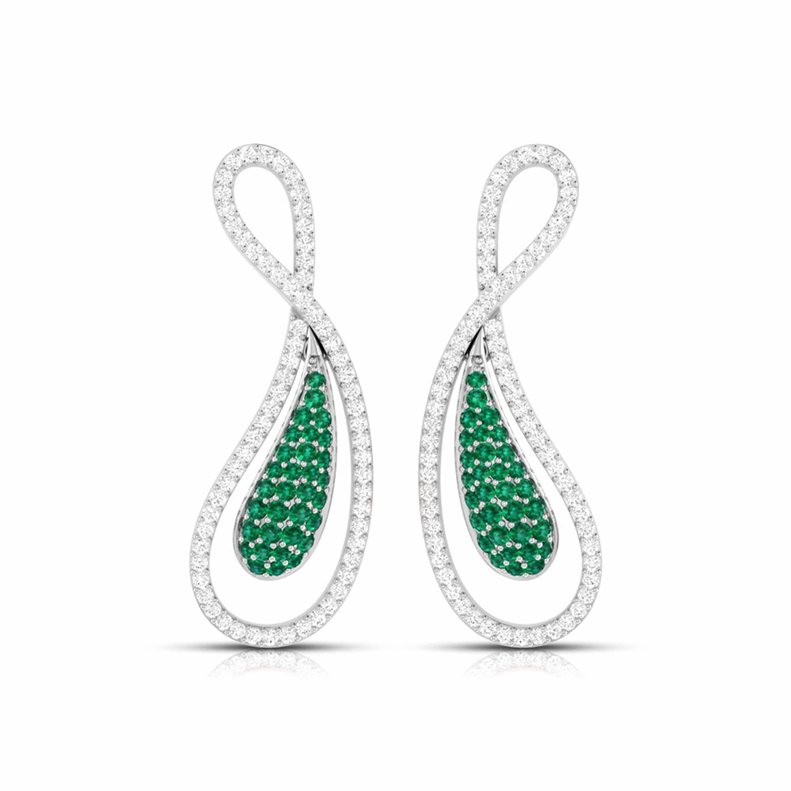 Columbian Emerald Pear and Round Diamond Halo Drop Earrings