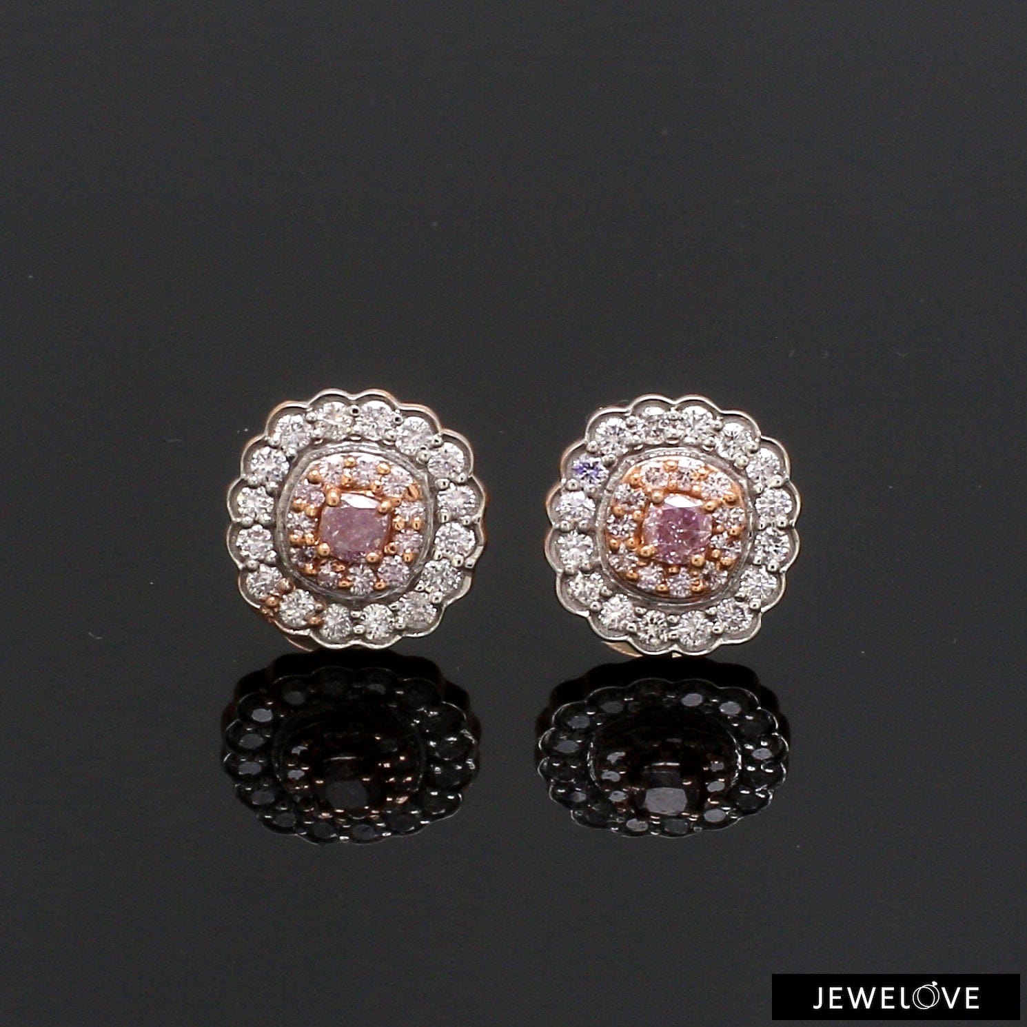 Jewelove™ Earrings Natural Fancy Color Pink Diamond Cushion Shape Double Halo 18K Gold Earrings JL AU E 338R