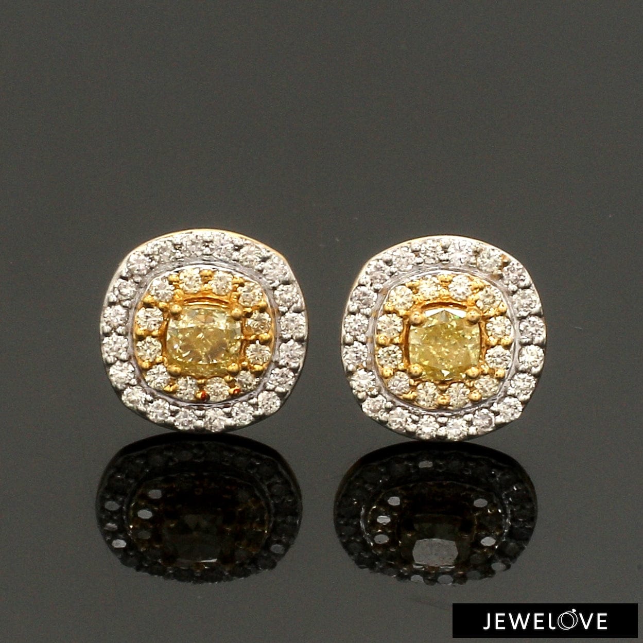 Jewelove™ Earrings Natural Fancy Color Yellow Diamond Cushion Shape Double Halo 18K Gold Earrings  JL AU E 337Y