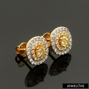 Jewelove™ Earrings Natural Fancy Color Yellow Diamond Cushion Shape Double Halo 18K Gold Earrings  JL AU E 337Y