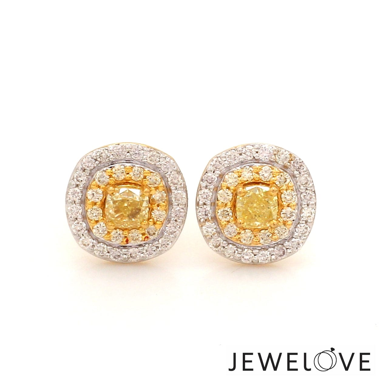 Jewelove™ Earrings Natural Fancy Color Yellow Diamond Cushion Shape Double Halo 18K Gold Earrings  JL AU E 337Y