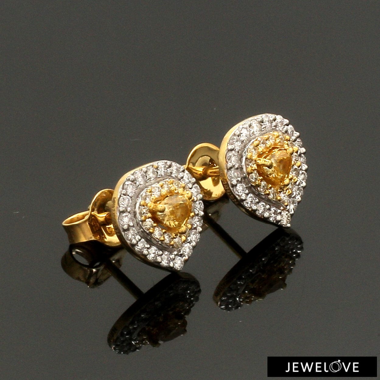 Jewelove™ Earrings Natural Fancy Color Yellow Diamond  Heart Shape Double Halo 18K Gold Earrings  JL AU 335Y