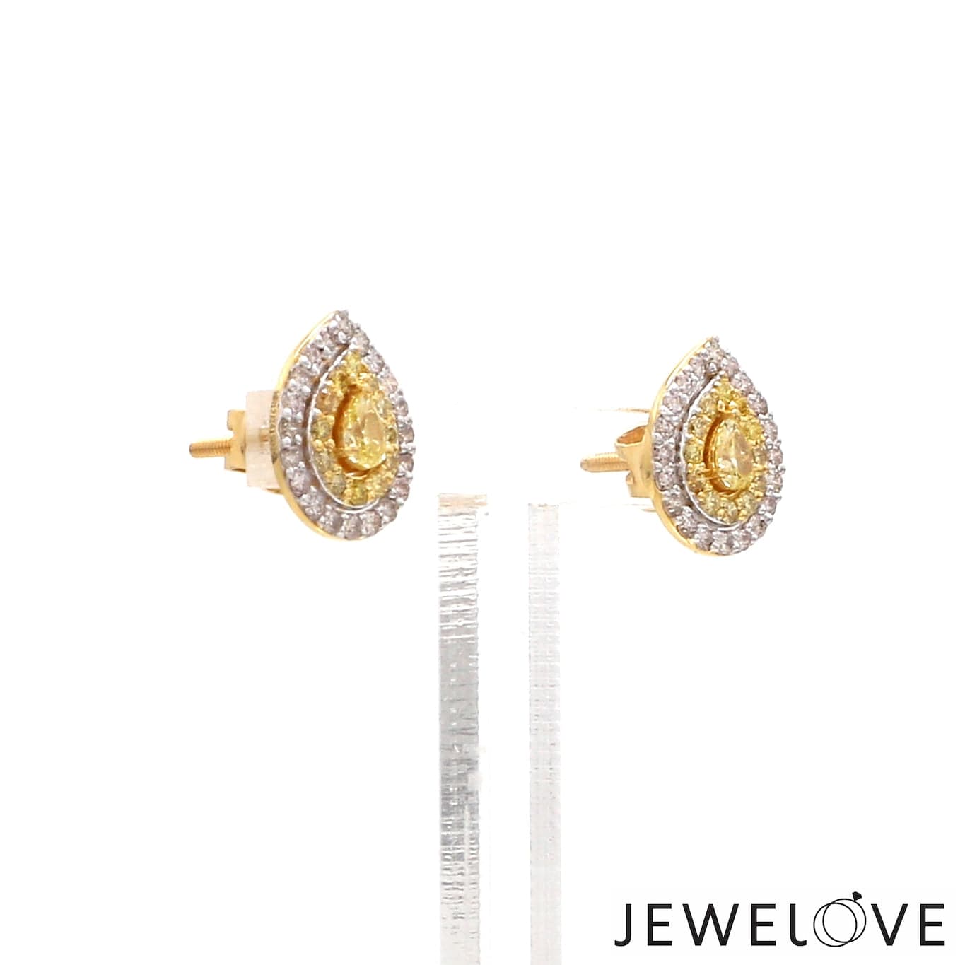 Jewelove™ Earrings Natural Fancy Color Yellow Diamond  Pear Shape Double Halo 18K Gold Earrings  JL AU 336Y