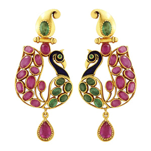 Gold Ruby Earrings - Peacock Earrings Crafted In Gold, Rubies & Emeralds JL AU 104