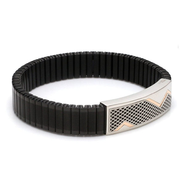 Jewelove™ Bangles & Bracelets Platinum & Rose Gold Black Band Bracelet for Men - Flexible JL PTB 1089