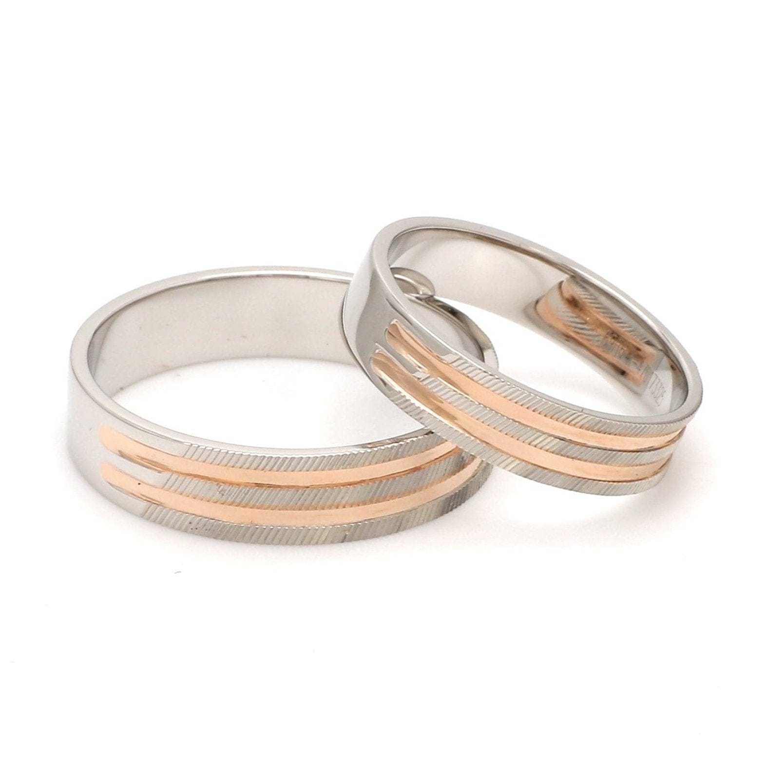 Jewelove™ Rings Both Ready to Ship - Ring Sizes 12, 22 - Textured Platinum & Rose Gold Couple Rings with Two Grooves JL PT 1129