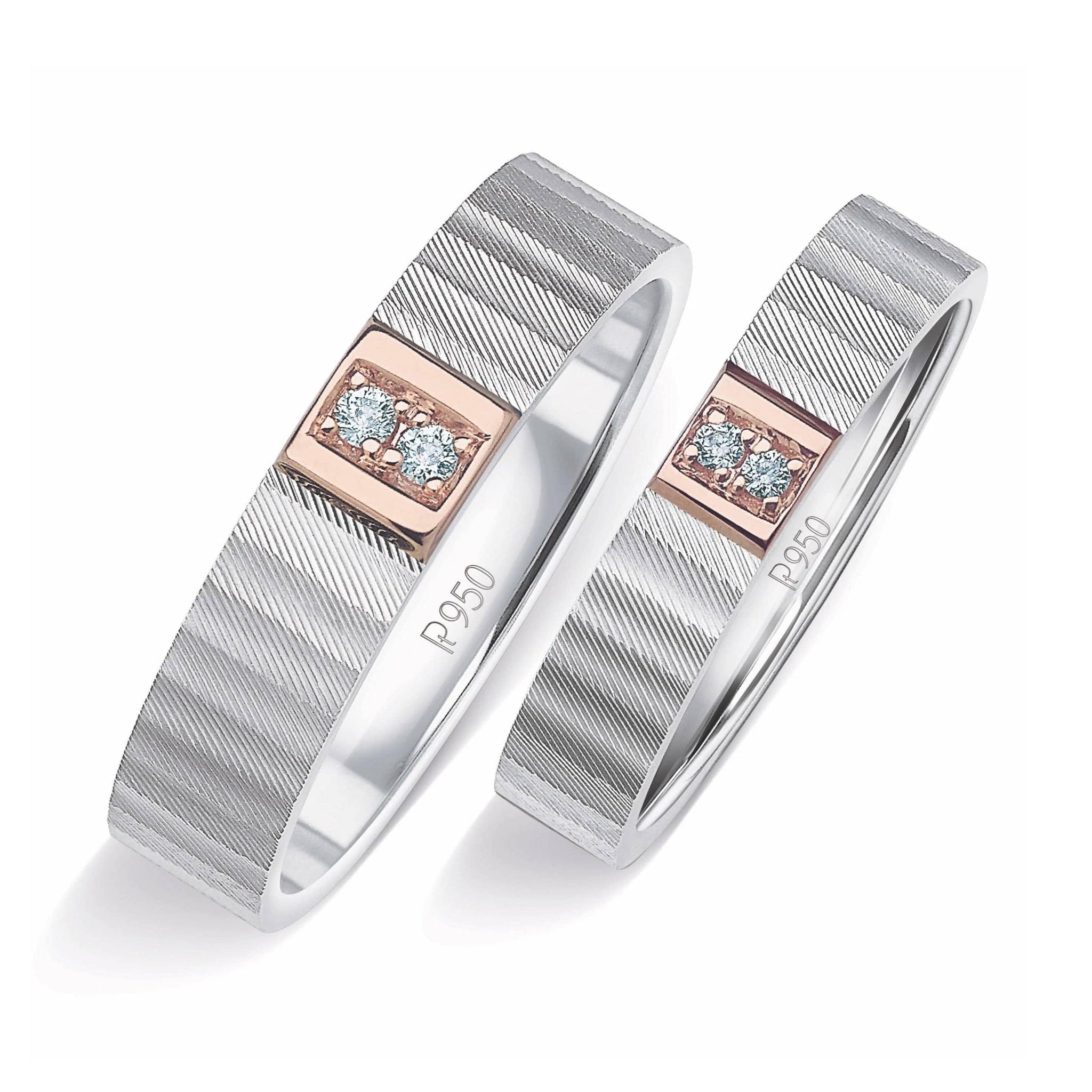 Jewelove™ Rings Ready to Ship - Ring Sizes 18 Unique Texture Platinum Love Bands with 2 Diamonds & a Touch of Rose Gold JL PT 914