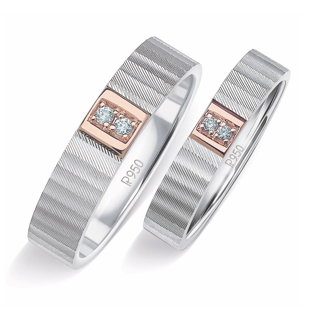 Jewelove™ Rings Unique Texture Platinum Love Bands with 2 Diamonds & a Touch of Rose Gold JL PT 914