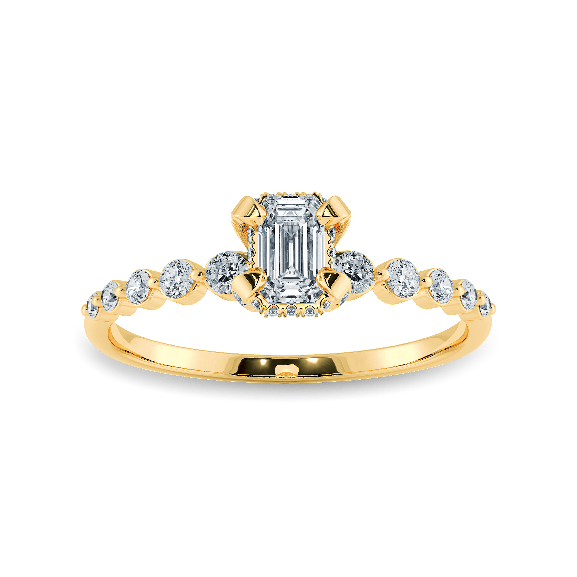 Jewelove™ Rings Women's Band only / VVS E 0.30cts. Emerald Cut Solitaire Halo Diamond Accents 18K Yellow Gold Ring JL AU 2006Y