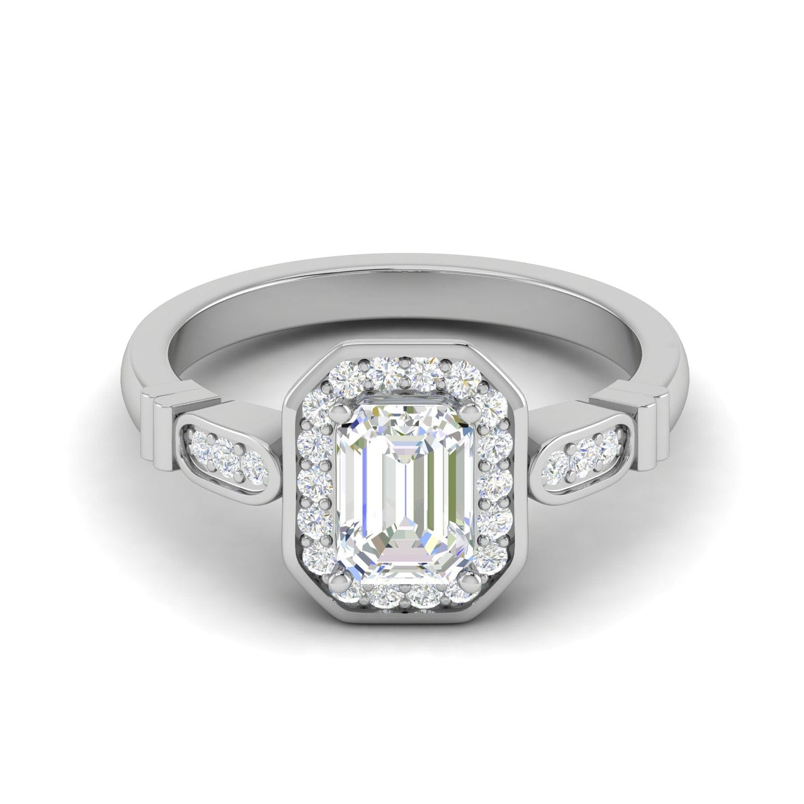 Jewelove™ Rings E VVS / Women's Band only 0.50 cts. Emerald Cut Solitaire Halo Diamond Shank Platinum Ring JL PT RM EM 160