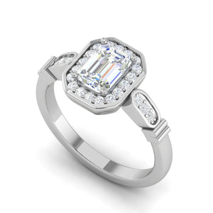 Jewelove™ Rings E VVS / Women's Band only 0.50 cts. Emerald Cut Solitaire Halo Diamond Shank Platinum Ring JL PT RM EM 160