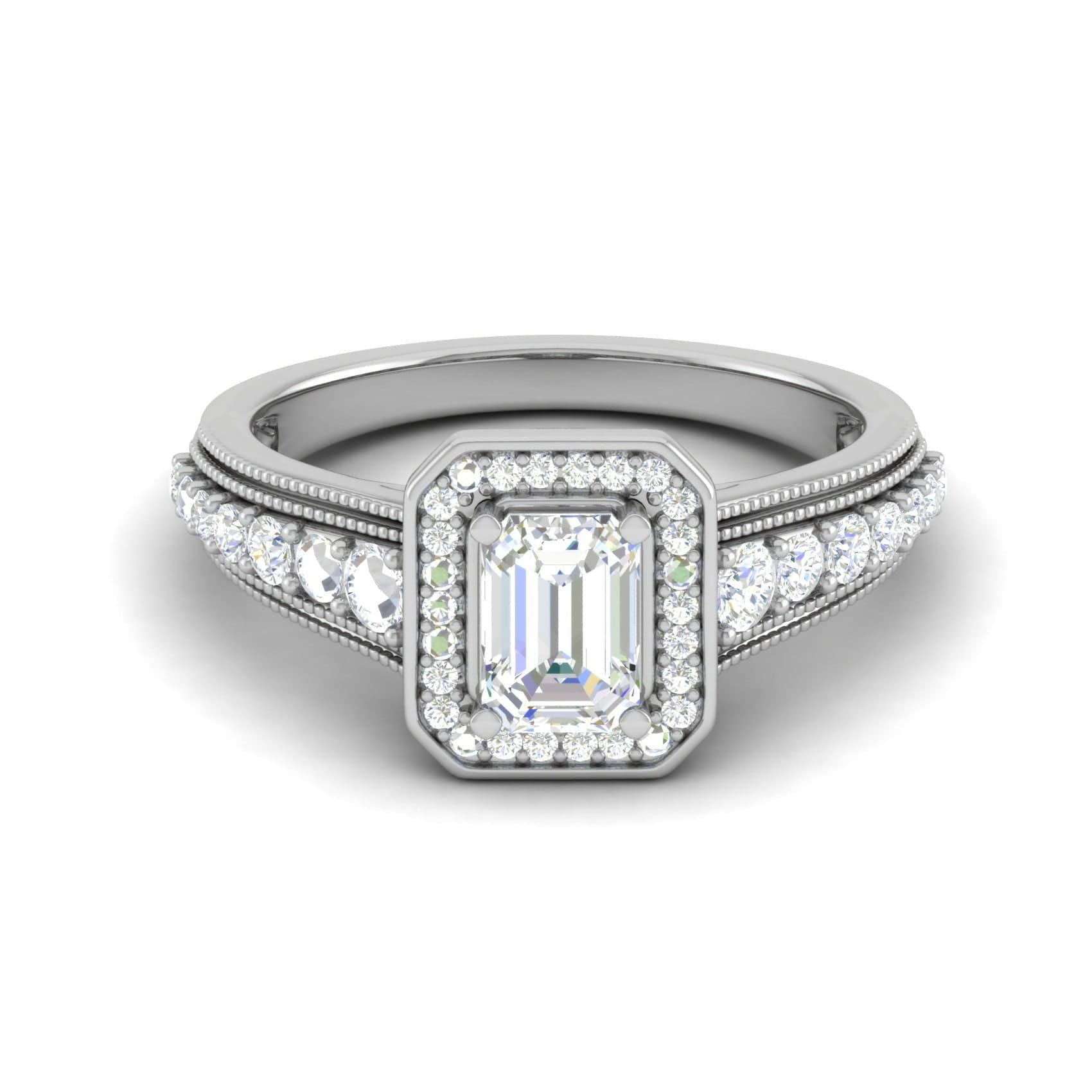 Jewelove™ Rings E VVS / Women's Band only 0.50cts. Emerald Cut Solitaire Halo Diamond Shank Platinum Ring JL PT WB6010E