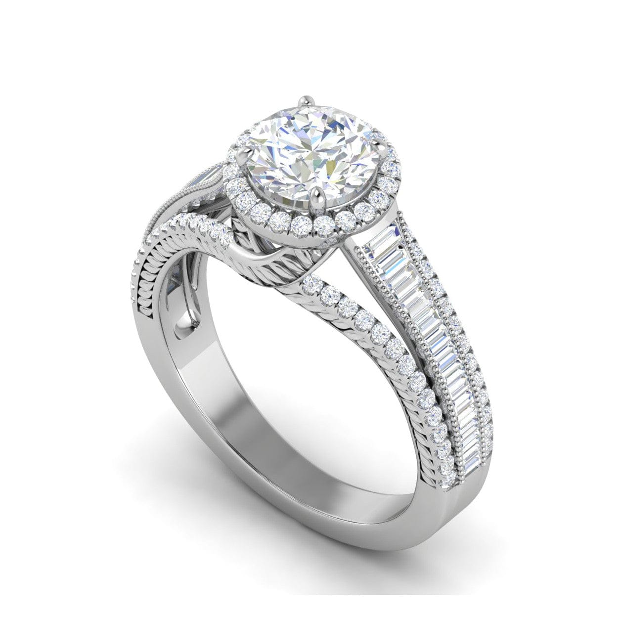 Jewelove™ Rings J VS / Women's Band only 0.50cts Solitaire Halo Diamond Split Shank Baguette Platinum Ring JL PT WB5929E