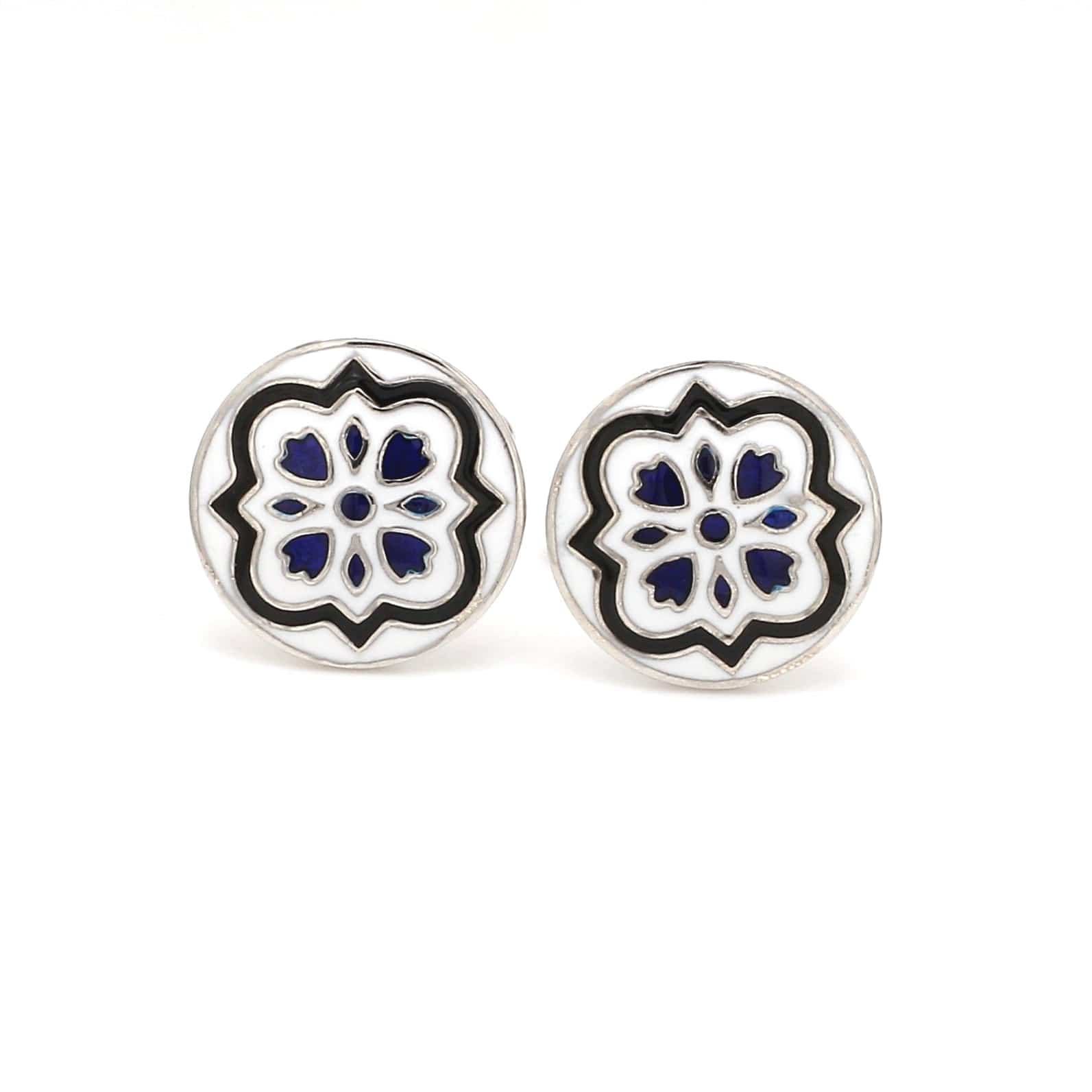 Front View of 925 Silver Cufflinks for Men with Black & Blue Enamel JL AGC 7