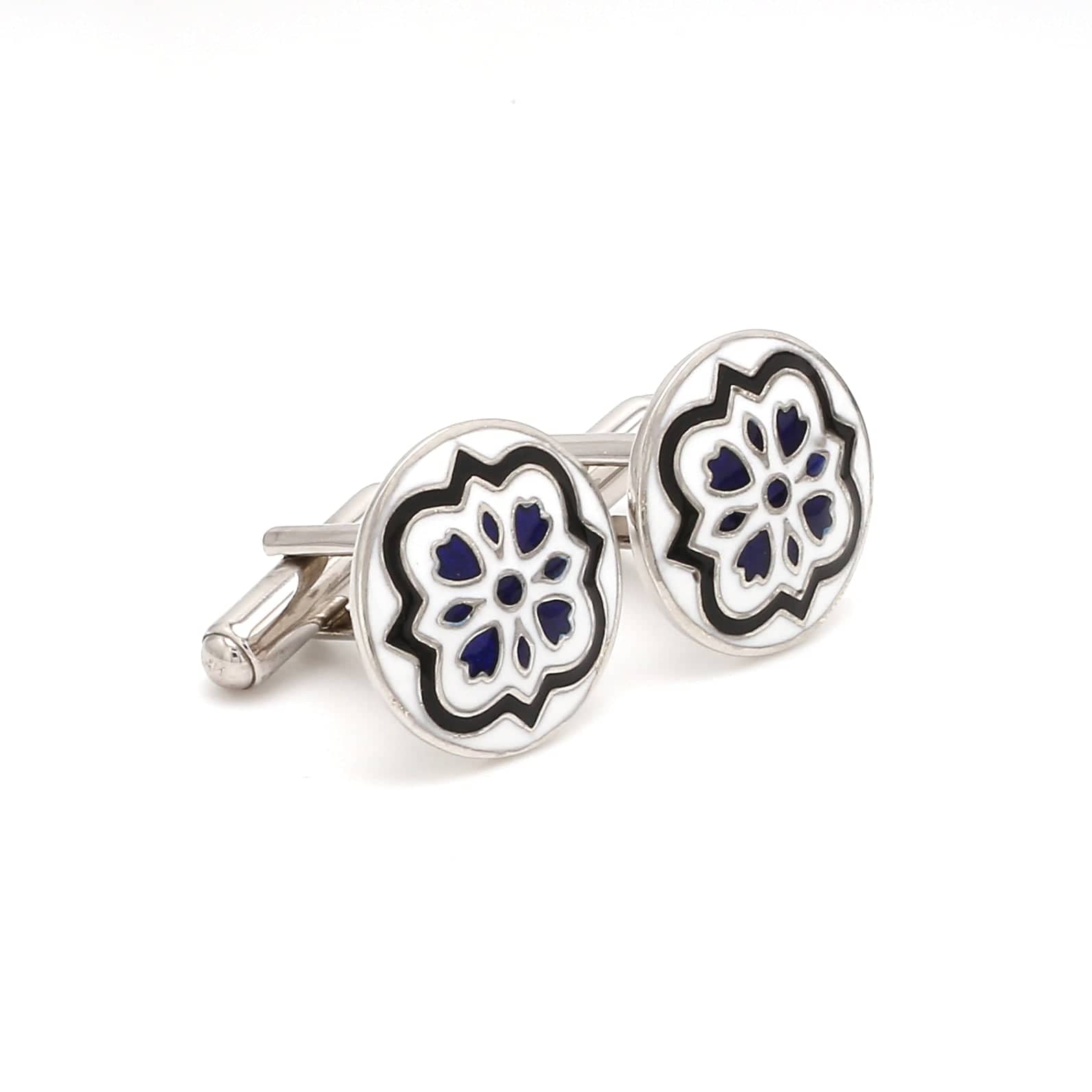 Side View of 925 Silver Cufflinks for Men with Black & Blue Enamel JL AGC 7