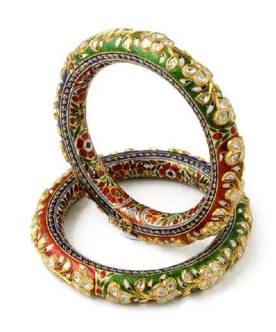 Traditional Indian Bangles - Artistic Diamond Polki Bangle With Red, Green & Blue Enamel