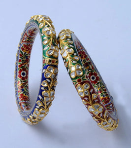 Traditional Indian Polki Bangles - Artistic Diamond Polki Bangle With Red, Green & Blue Enamel