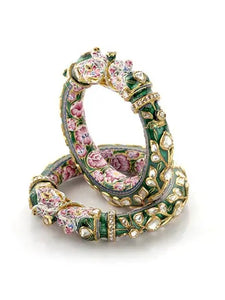 Traditional Indian Polki Bangles - Artistic Elephant Kada Bangle With Diamond Polki, Pink & Green Enamel