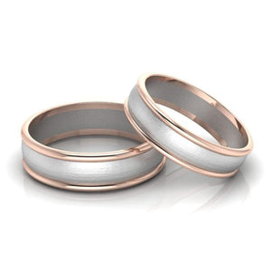 Front View of Classic Plain Platinum Couple Rings With a Rose Gold Border JL PT 633