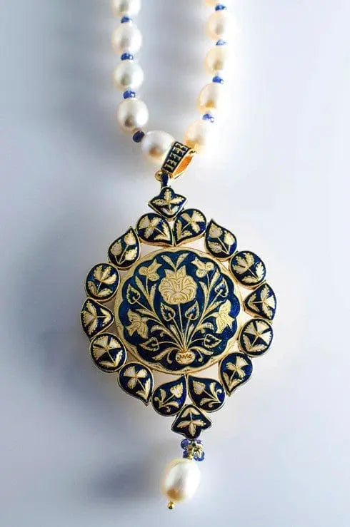 Cream and Blue Enamel Diamond Polki Pendant set by Suranas Jewelove - Suranas Jewelove
 - 2