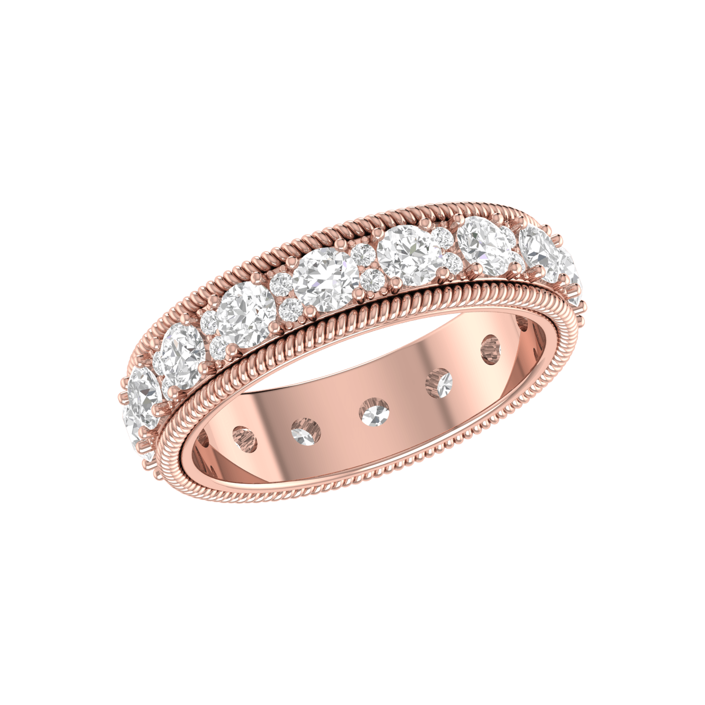 18k Rose Gold Eternity Wedding Band Filigree Leaf Diamond Rings