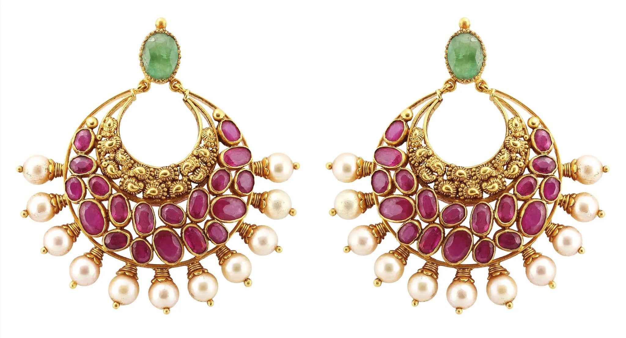 Gold Ruby Earrings - Gold Chand Bali Earrings With Rubies, Emeralds And Pearls JL AU 109