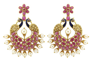 Gold Ruby Earrings - Gold Chand Bali Earrings With Rubies & Pearls Designed As Peacock JL AU 108