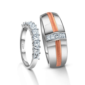 Jewelove™ Rings Both / SI IJ Princess Cut Platinum Love Bands with Rose Gold JL PT 1053