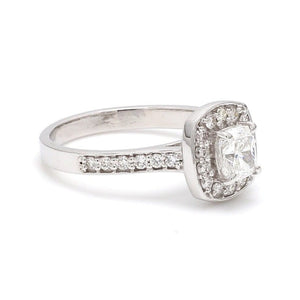 Side View of Raised Halo Solitaire Engagement Platinum Ring with Cushion Cut JL PT 661