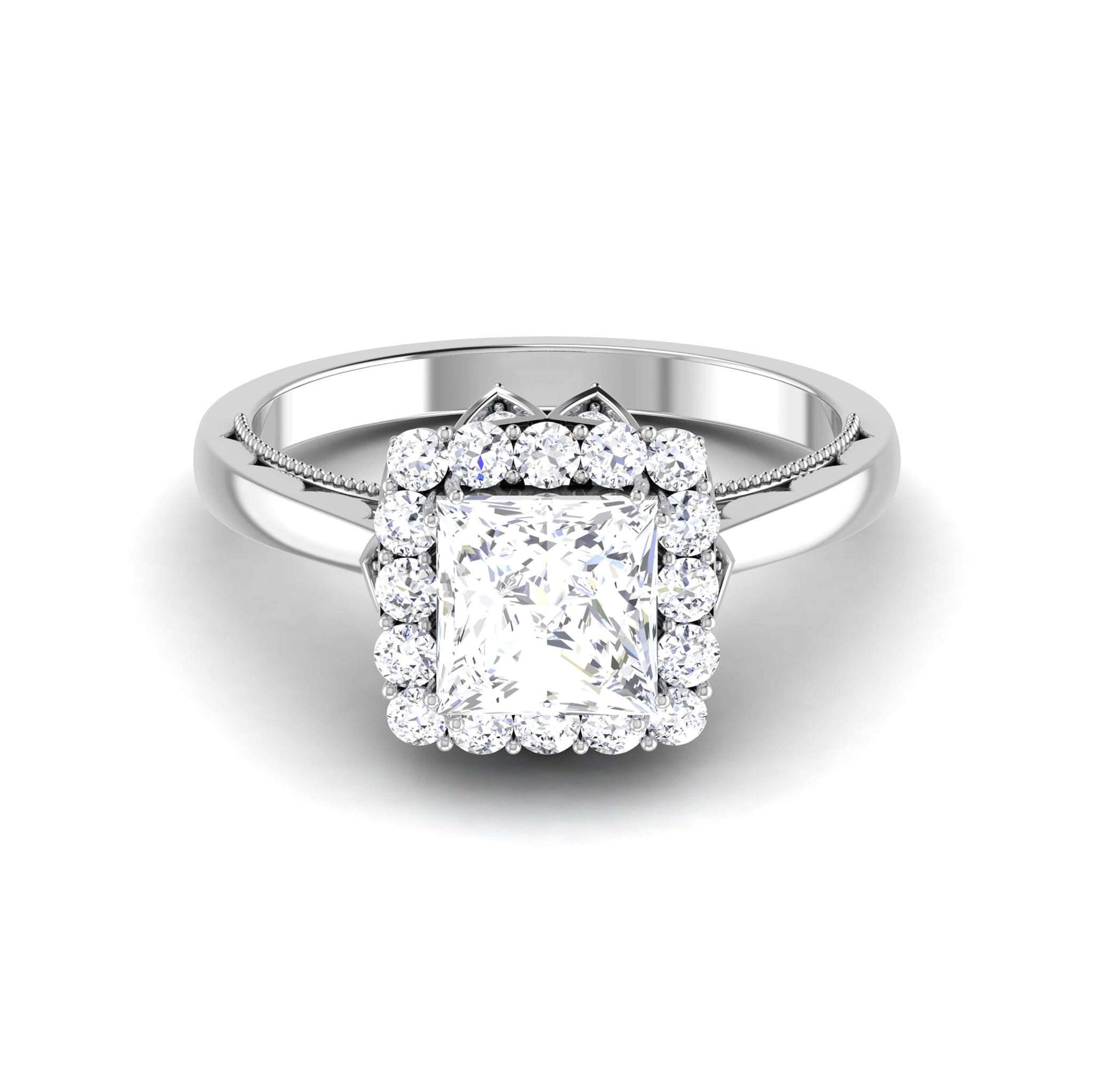 Front View of 30 Pointer Platinum Halo Princes Cut Diamond Solitaire Engagement Ring JL PT 6604