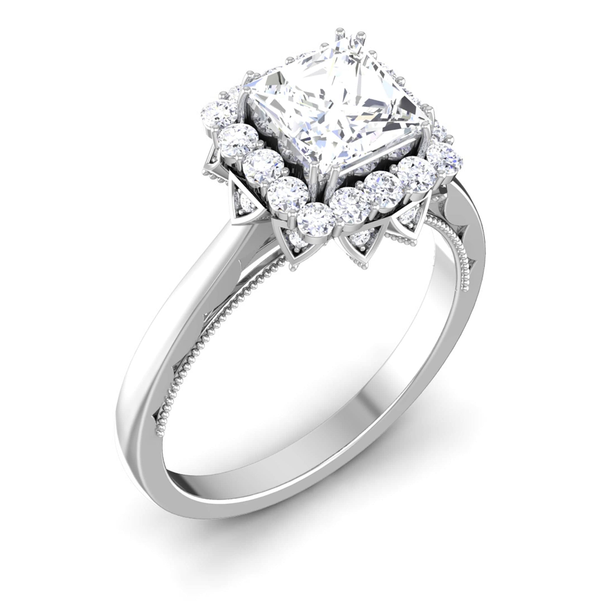 Perspective View of 30 Pointer Platinum Halo Princes Cut Diamond Solitaire Engagement Ring JL PT 6604